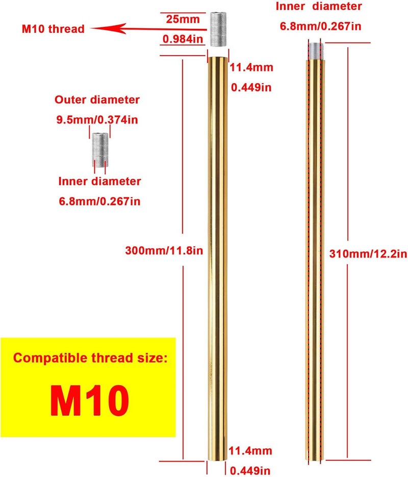Haligate Bright Gold M10 Threaded Extension Rod for Pendant Light, Island Lighting, Chandeliers,Lighting Fixture downrods & Stems,12 Inches - Image 2